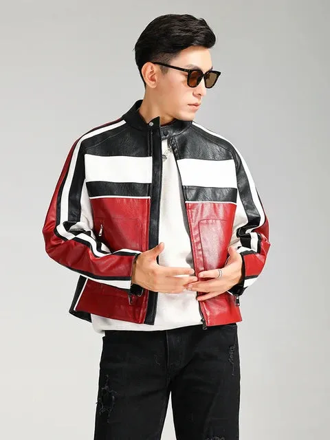 Color Block Pu Leather Racer Jacket