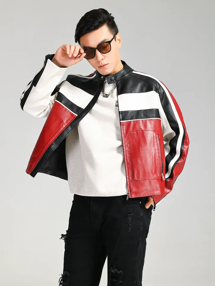 Color Block Pu Leather Racer Jacket