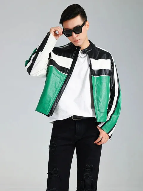 Color Block Pu Leather Racer Jacket