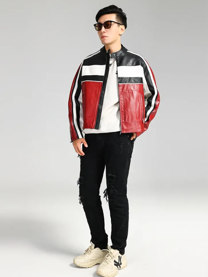 Color Block Pu Leather Racer Jacket