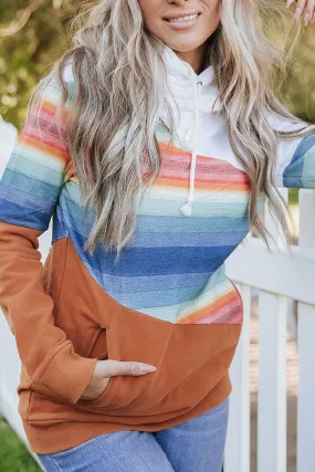 Colorblock Rainbow Stripe Pocketed Hoodie