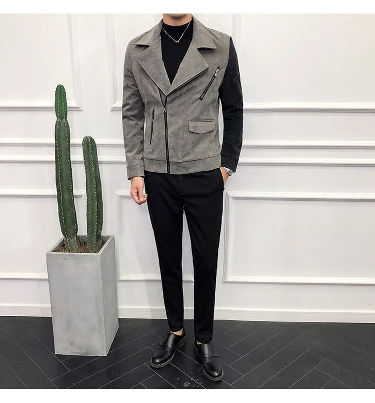 Contast Sleeve Slide Zipper Turndown Collar Men Biker Jacket