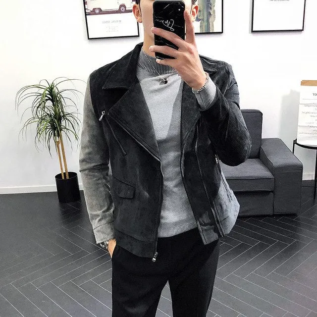 Contast Sleeve Slide Zipper Turndown Collar Men Biker Jacket