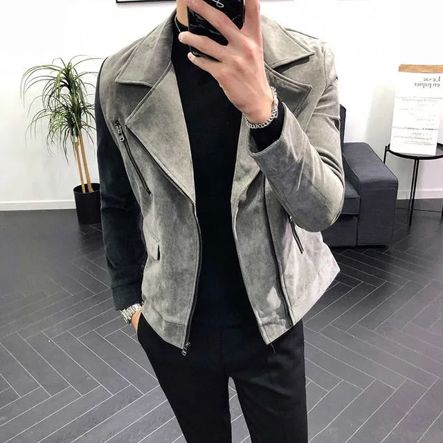 Contast Sleeve Slide Zipper Turndown Collar Men Biker Jacket