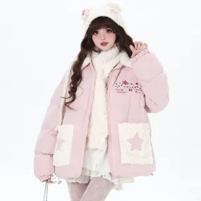 Crazy Girl Shiny Star Pink Blue Puffer Jacket & Scarf Set