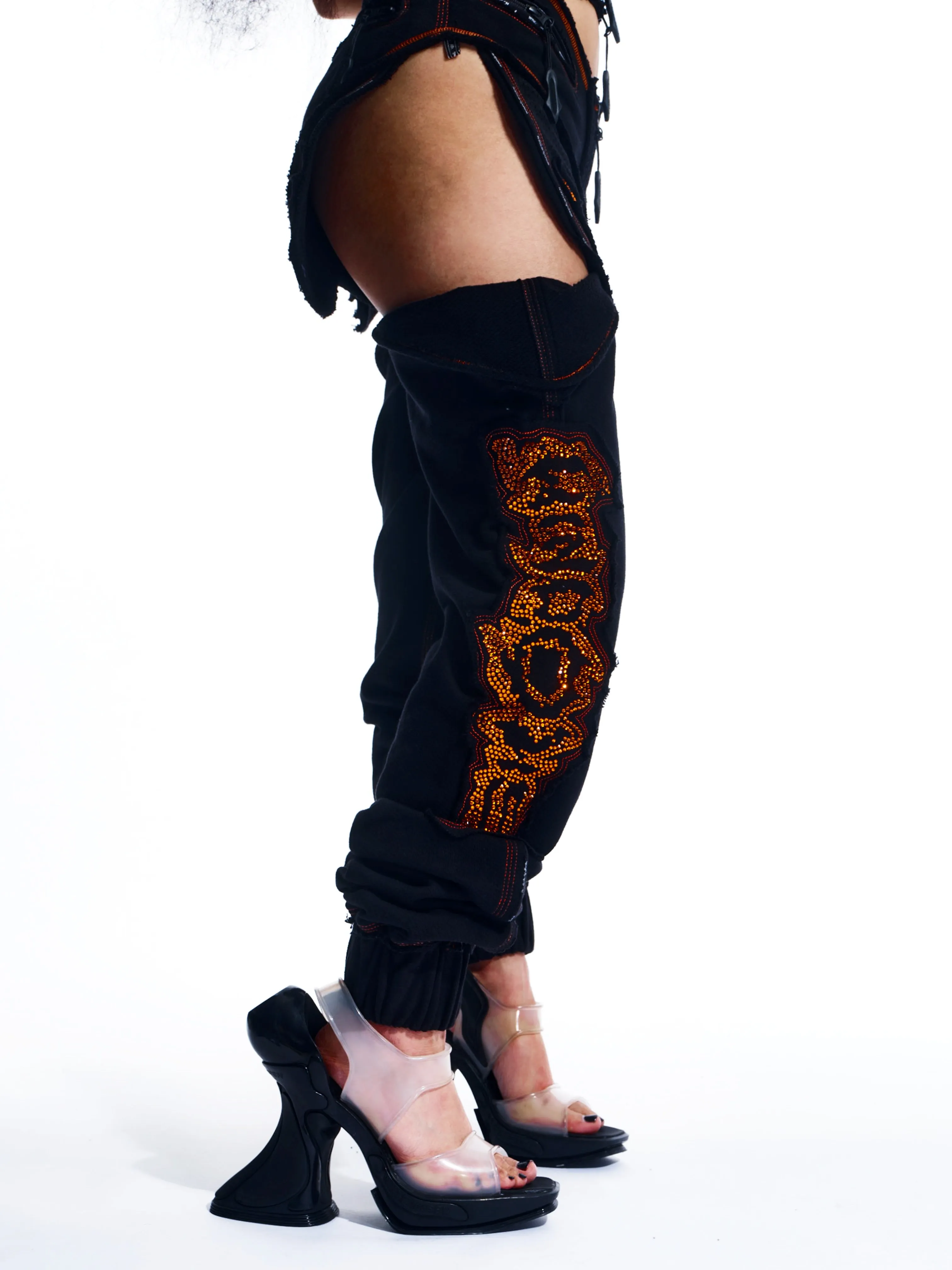 CRYSTAL-EMBELLISHED OPEN THIGH SWEATPANTS