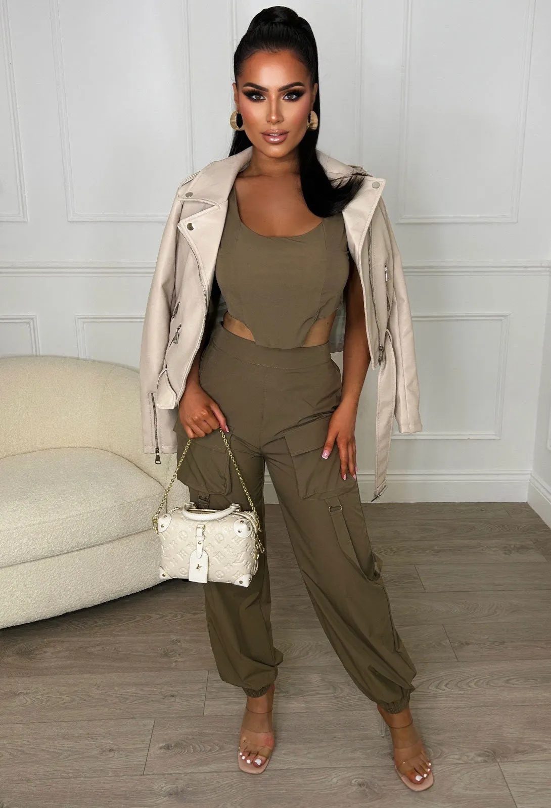 Cute In Cargo Khaki Cargo Pocket Detail Cuffed Hem Trouser Co-Ord Set