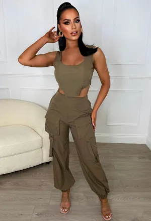 Cute In Cargo Khaki Cargo Pocket Detail Cuffed Hem Trouser Co-Ord Set