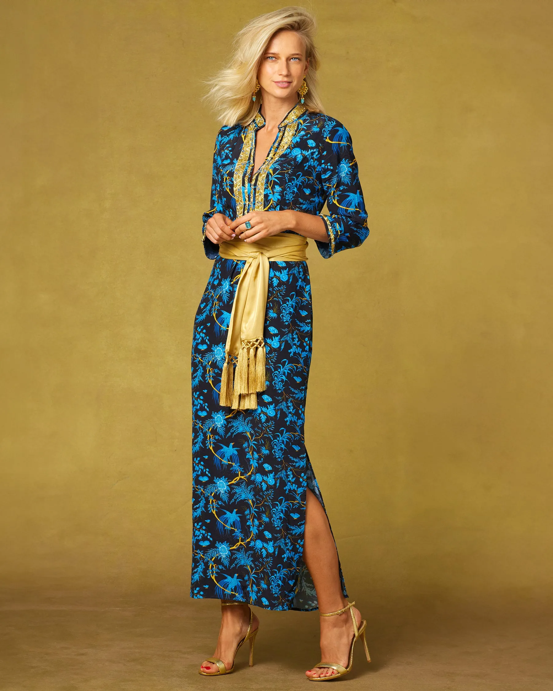 Darcy Long Tunic Dress in Midnight Garden and Gold Embellishment