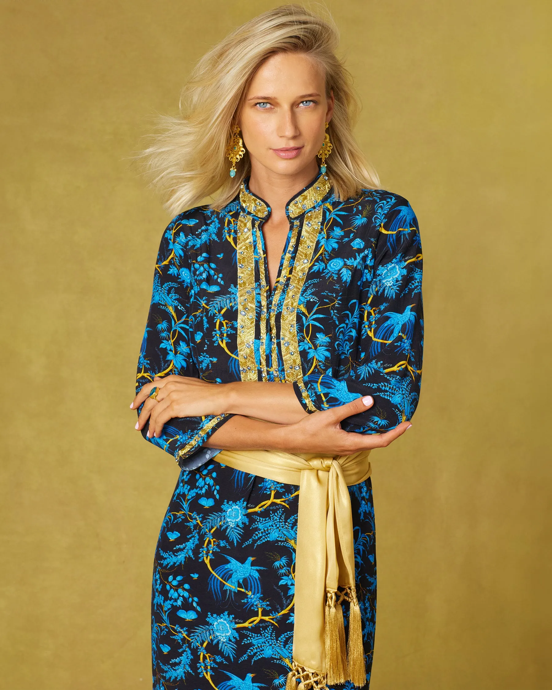 Darcy Long Tunic Dress in Midnight Garden and Gold Embellishment