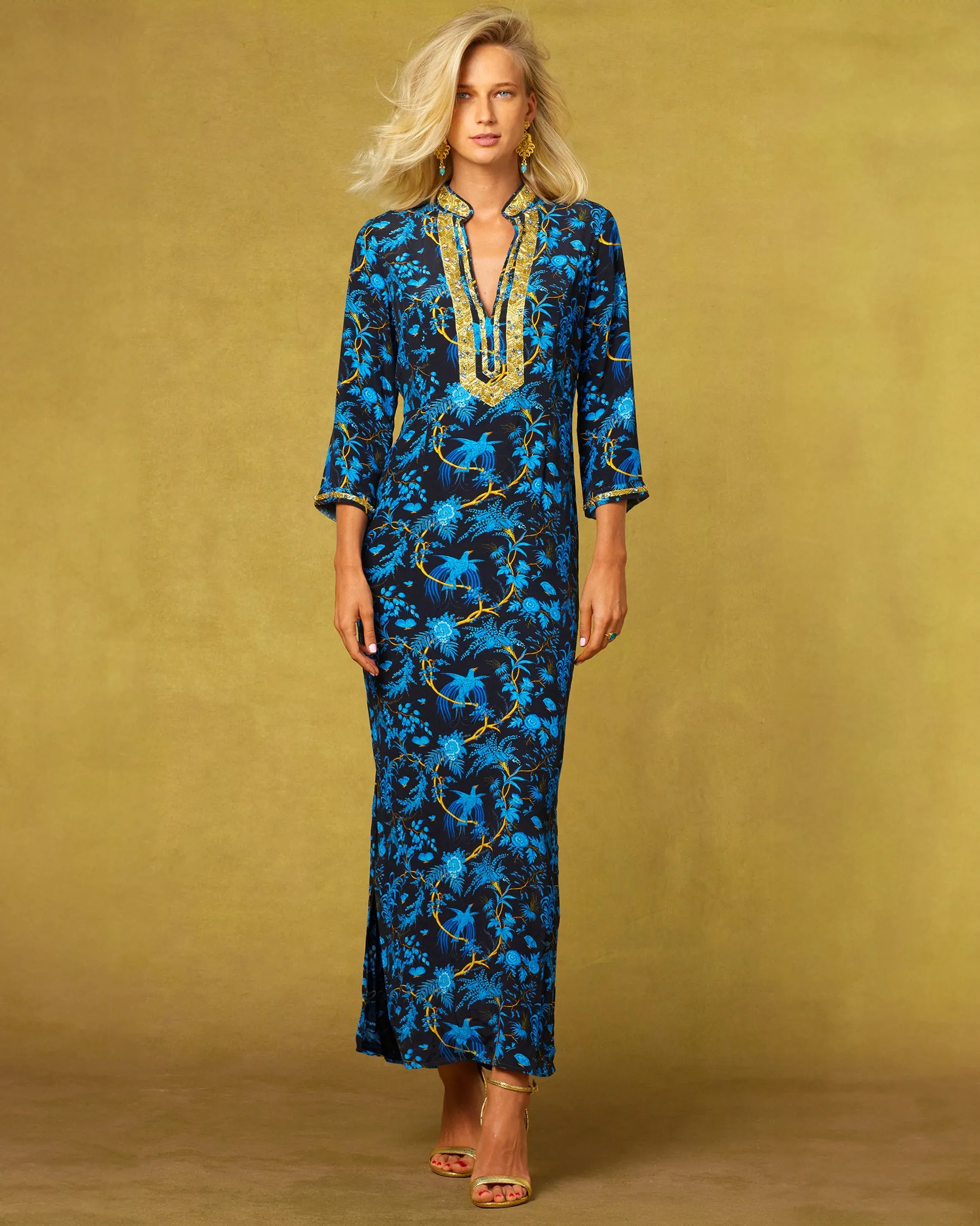 Darcy Long Tunic Dress in Midnight Garden and Gold Embellishment