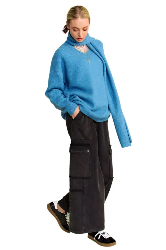 Davi & Dani V-Neck Dropped Shoulder Sweater with Scarf