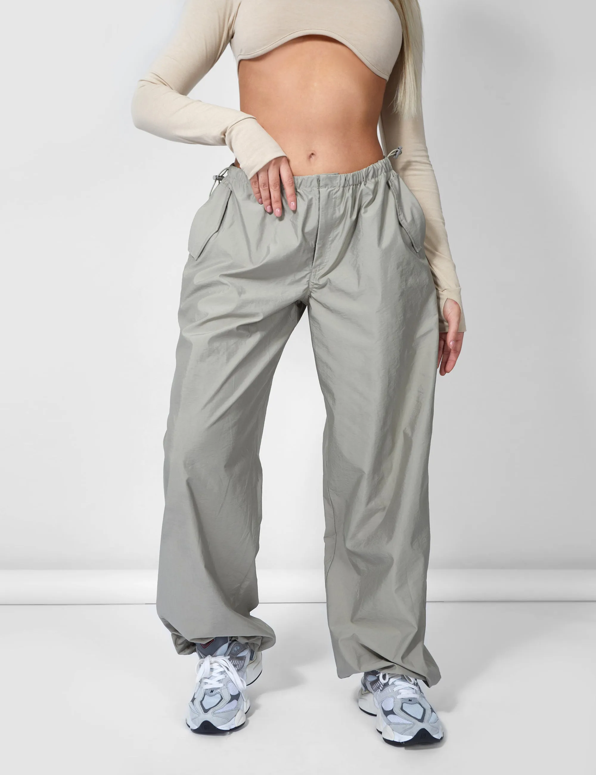 Drawstring Waist Parachute Cargo Trousers Grey