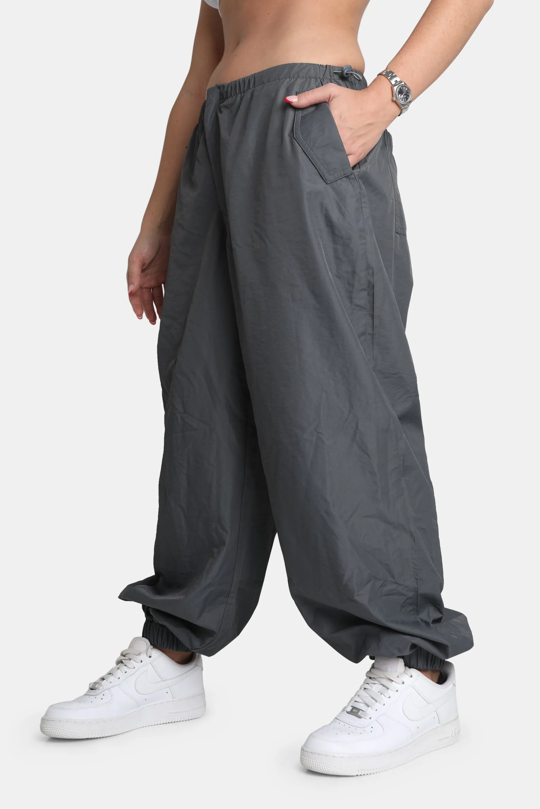 Drawstring Waist Parachute Cargo Trousers Grey