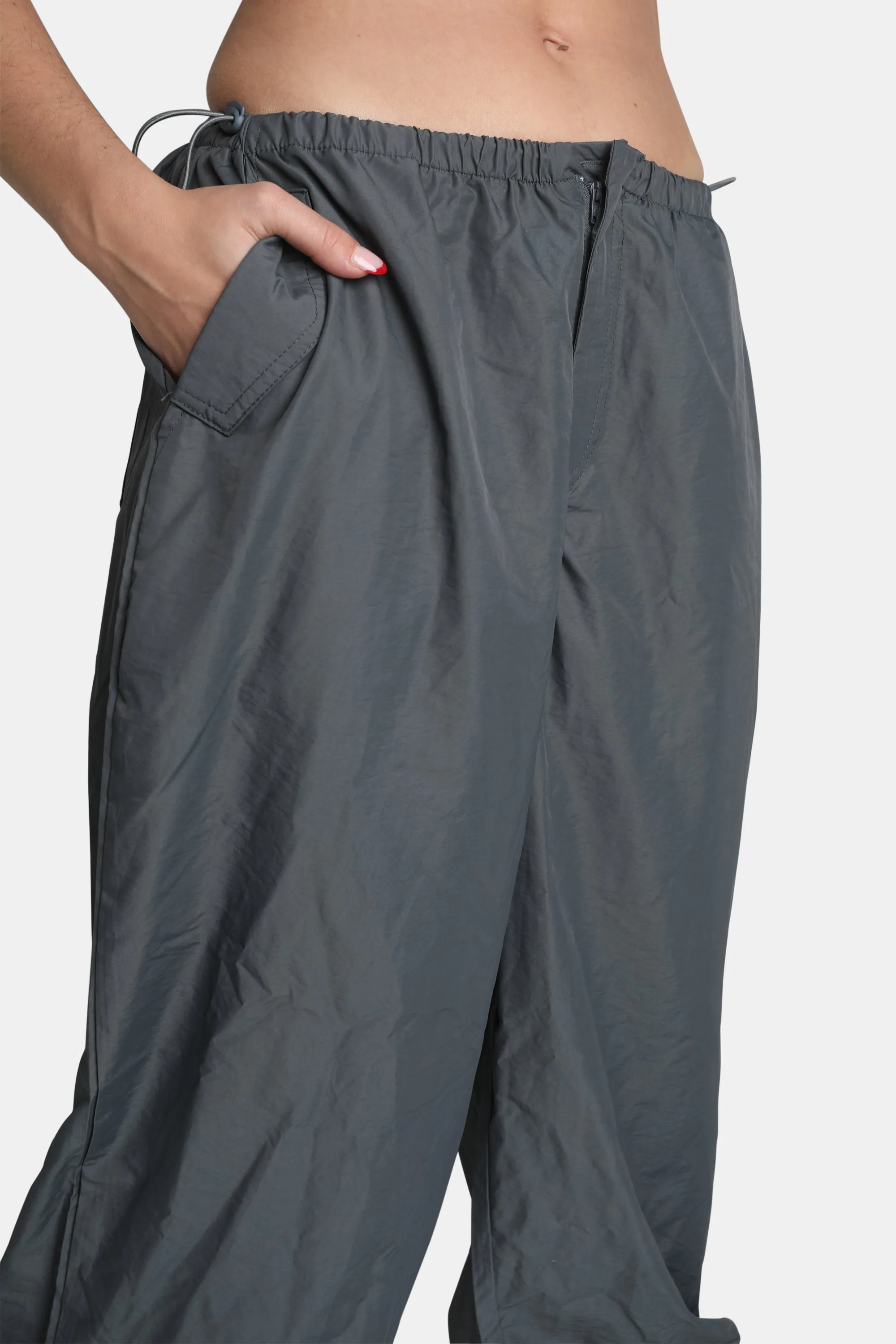 Drawstring Waist Parachute Cargo Trousers Grey