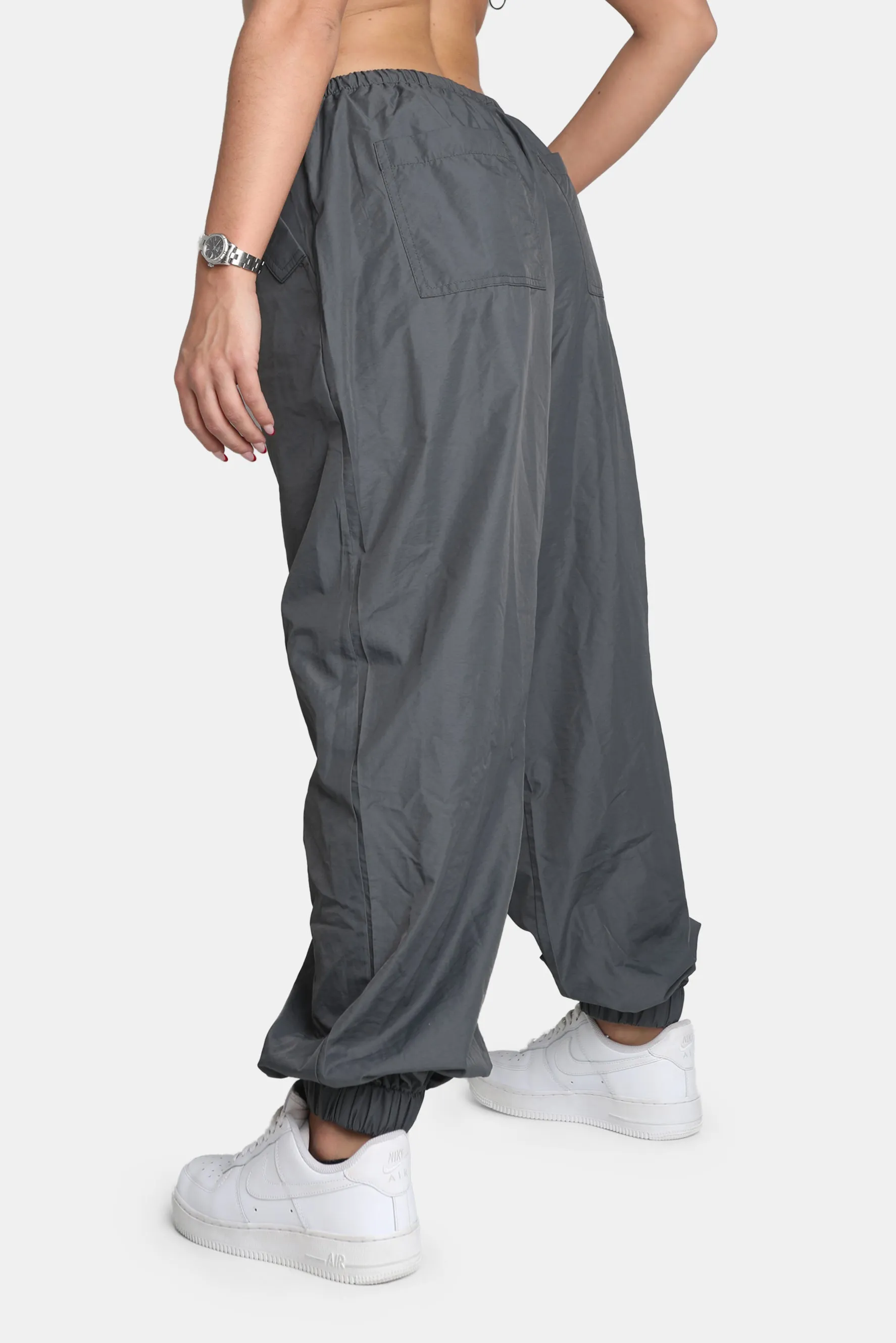 Drawstring Waist Parachute Cargo Trousers Grey