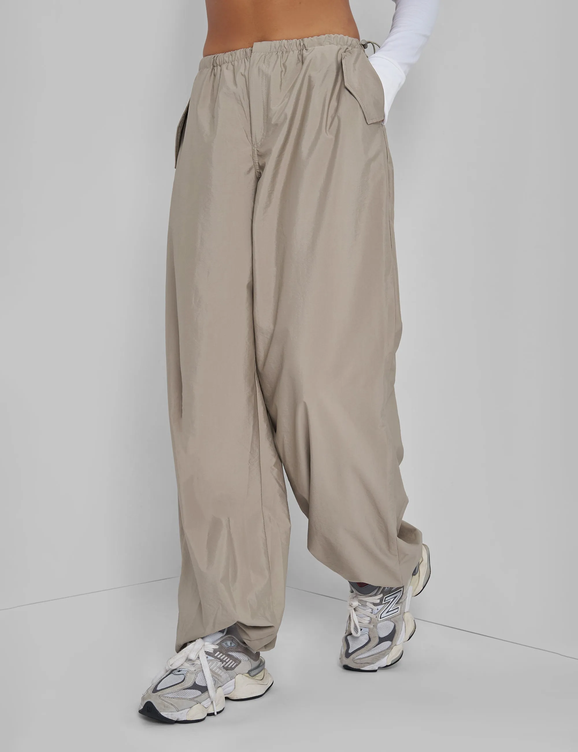 Drawstring Waist Parachute Cargo Trousers Khaki