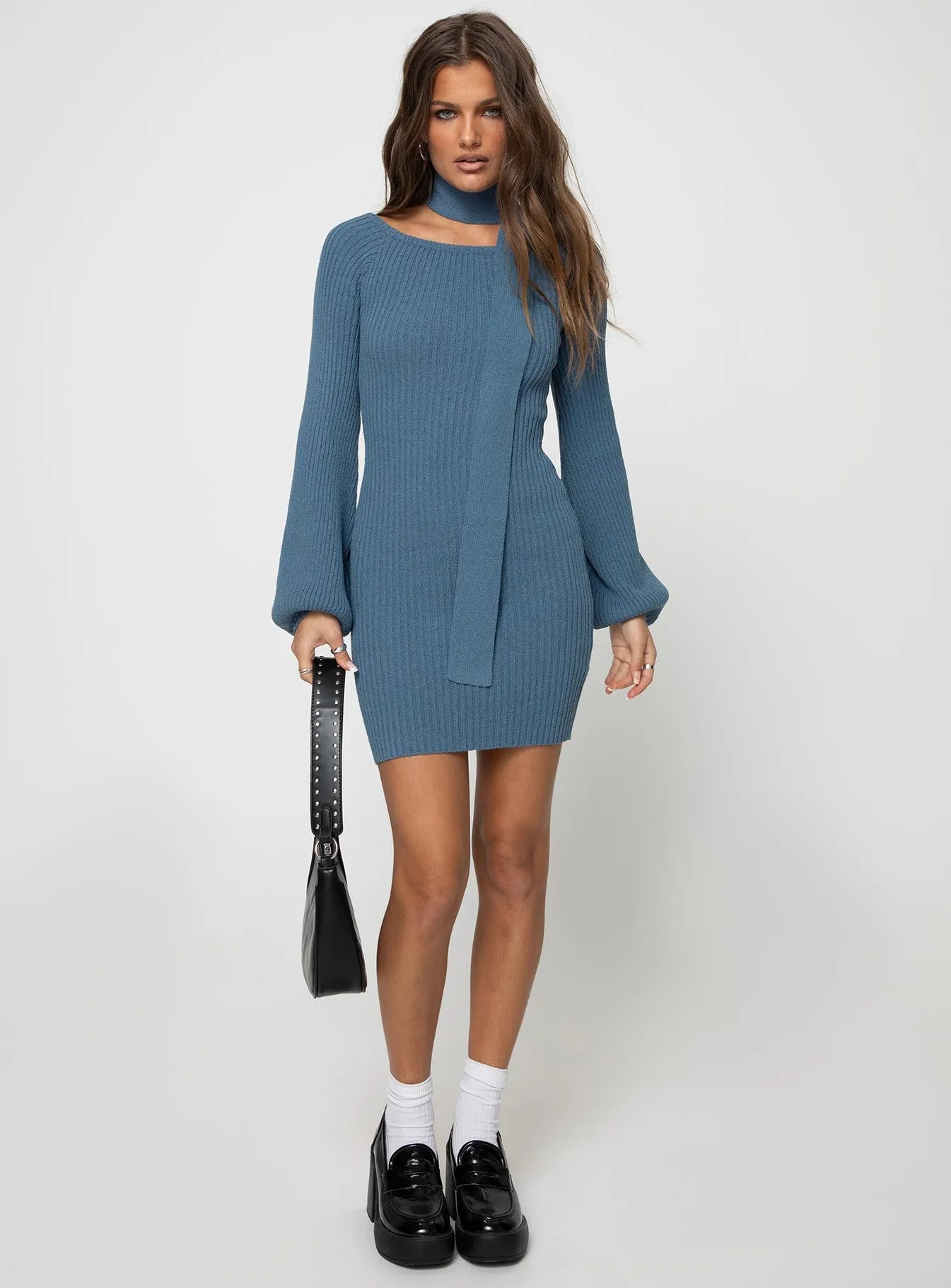 Dyante Long Sleeve Scarf Mini Dress Blue