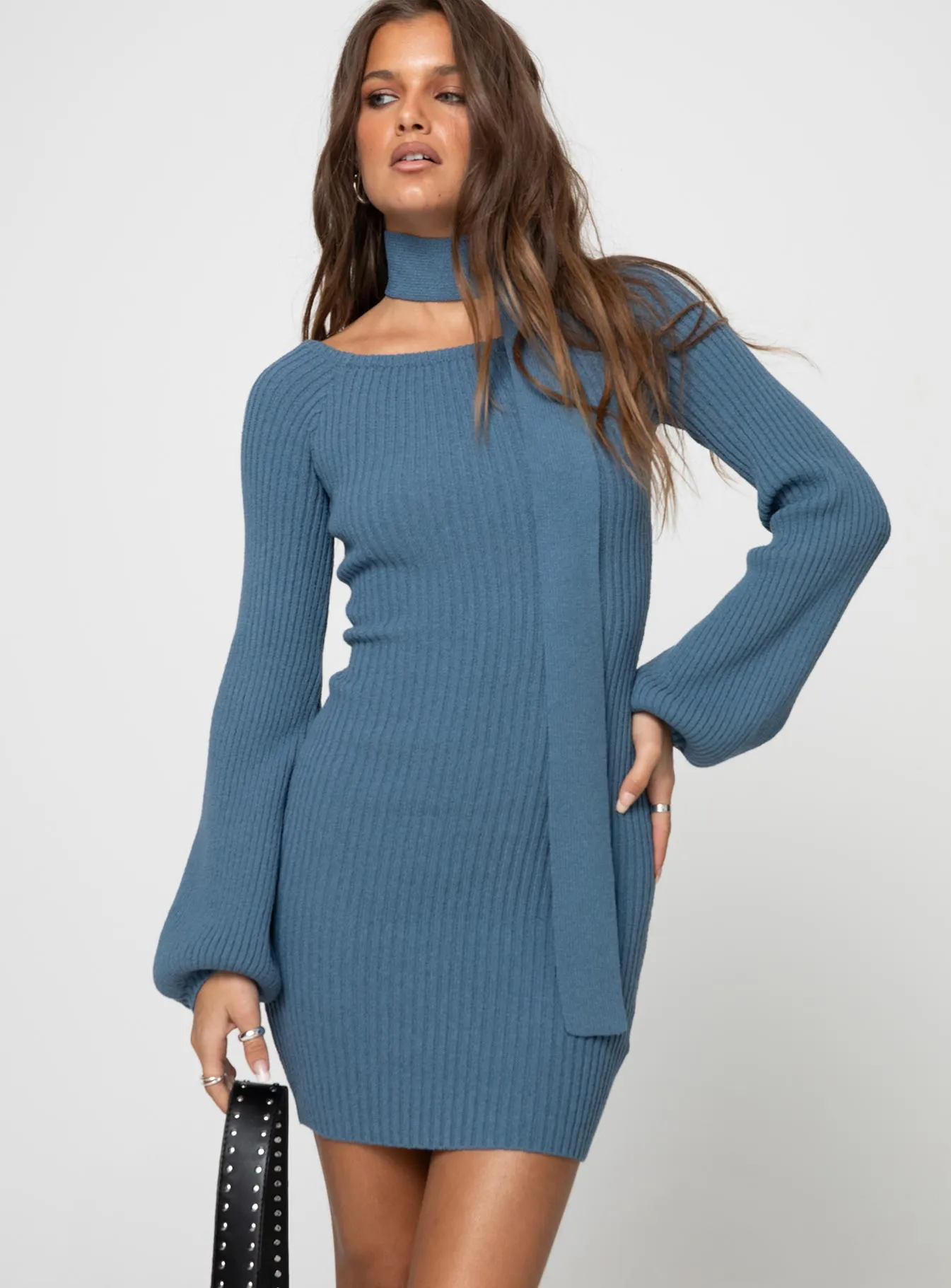 Dyante Long Sleeve Scarf Mini Dress Blue