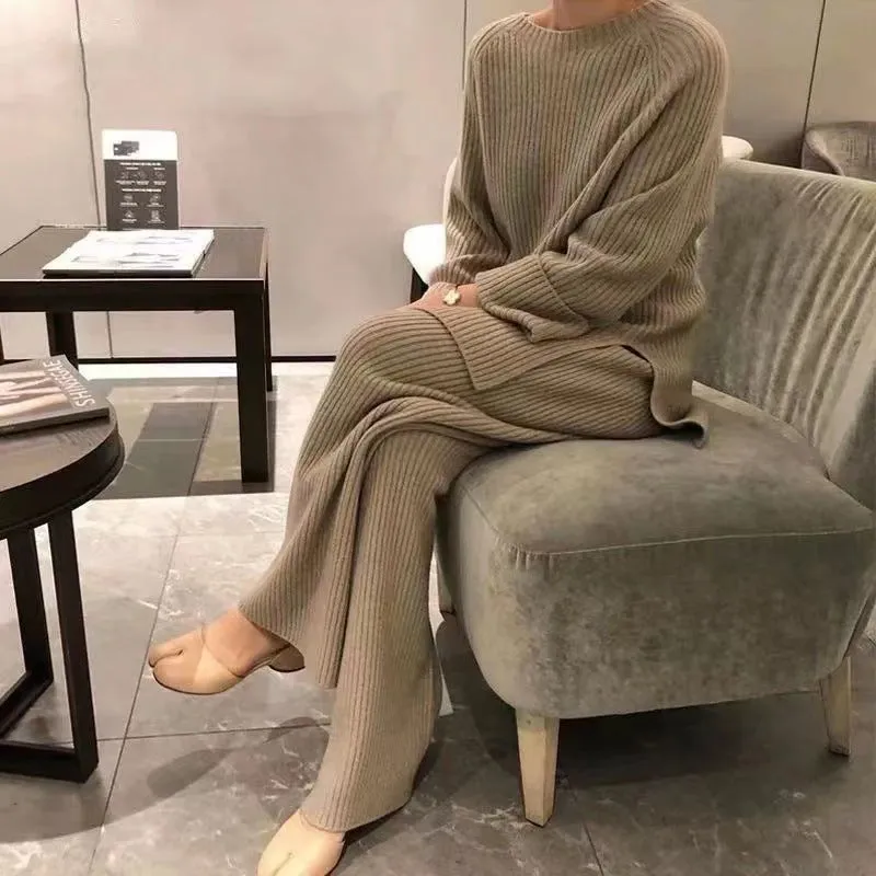 Elegant Casual Split Knit Sweater Wide-Leg Suit