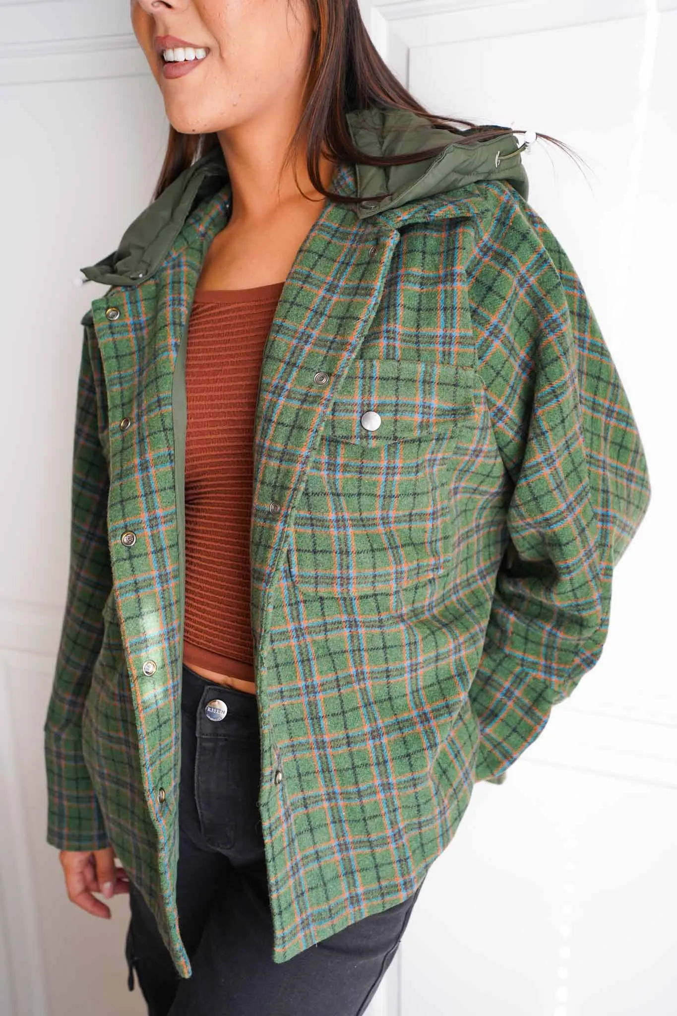 Emerald Eve Plaid Jacket With Detachable Hood - Evergreen