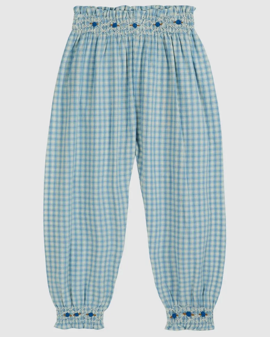 Emile Girls' Blue Checkered Cotton Trousers with Embroidery