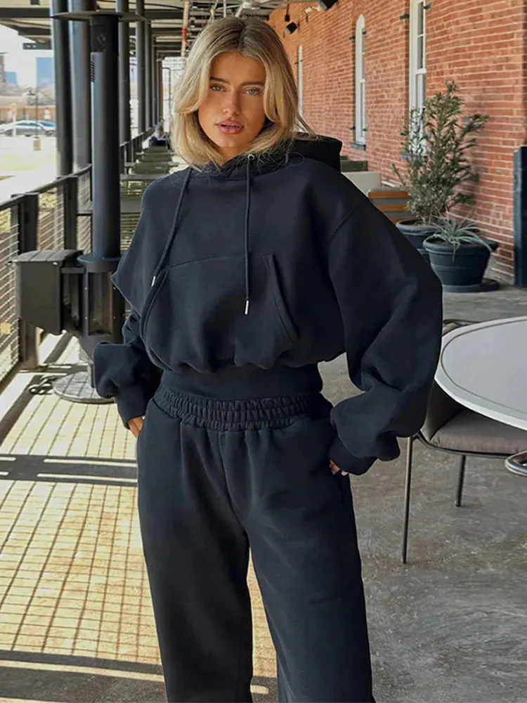 Fashionkova Women Solid Hoodie Pant Sets Fashion Pocket Long Sleeve Pullover Waist Drawstring Trousers Sports Suit 2024 Lady New Streetwear