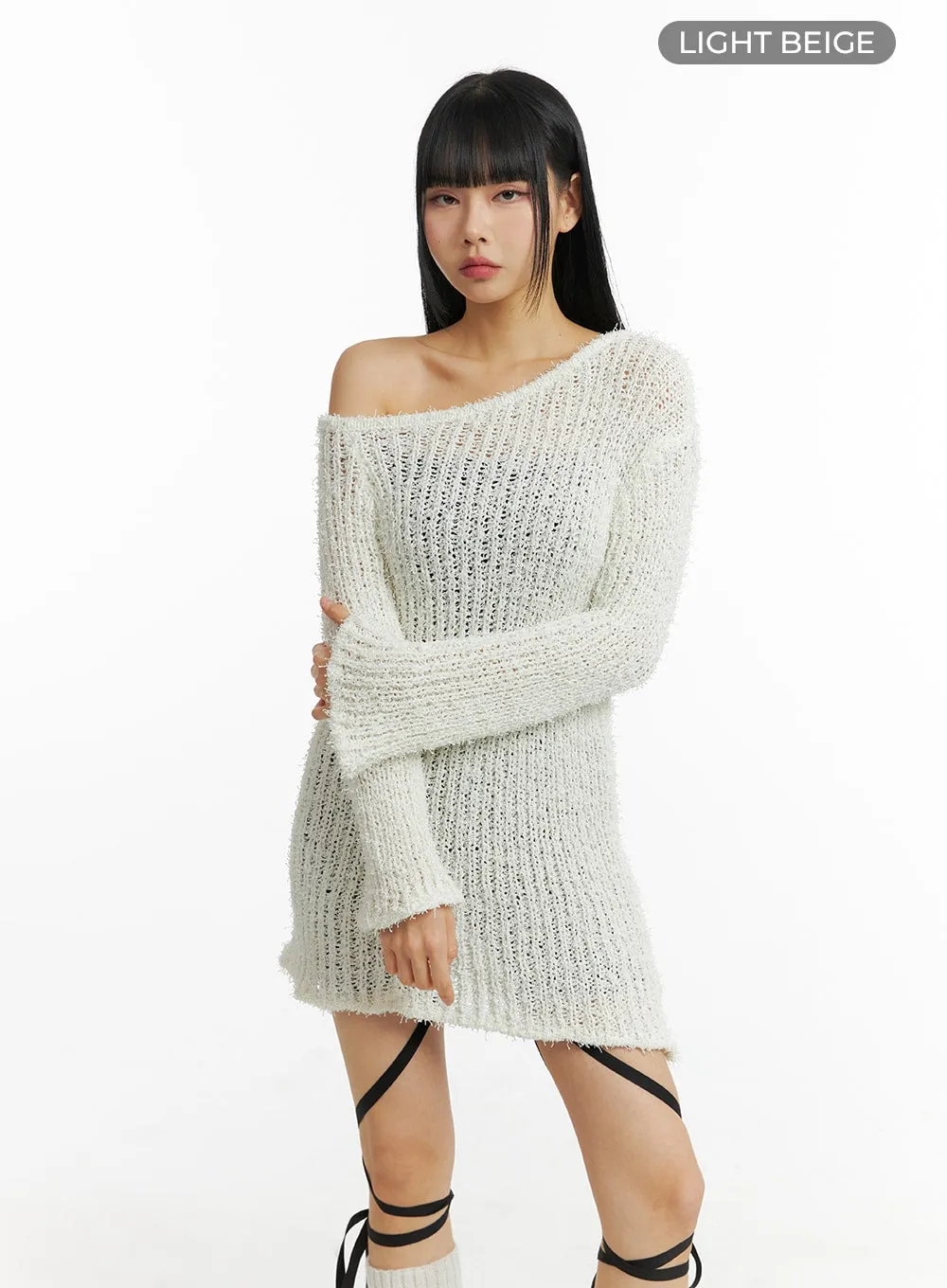 Fuzzy Knit Asymmetrical Shoulder Mini Dress CM406