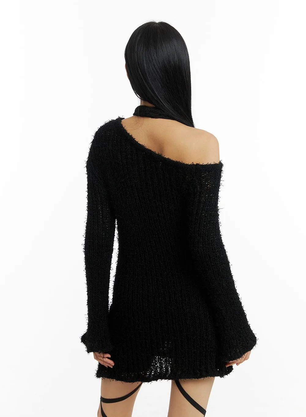 Fuzzy Knit Asymmetrical Shoulder Mini Dress CM406