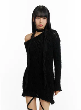 Fuzzy Knit Asymmetrical Shoulder Mini Dress CM406