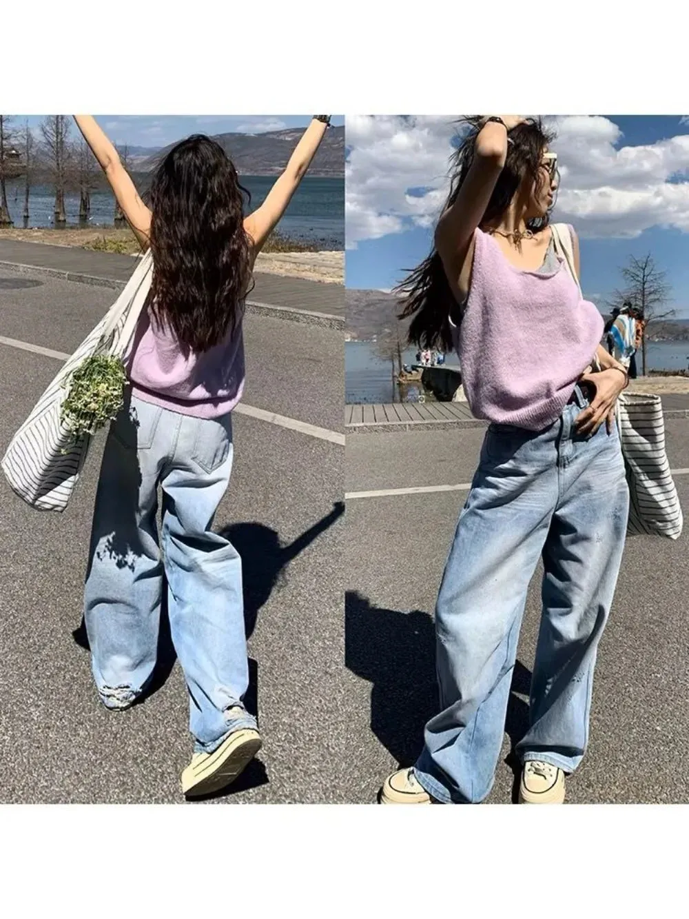 Girlary Light blue ripped jeans 2024 spring and summer niche design stretch straight high waist wide leg trousers women