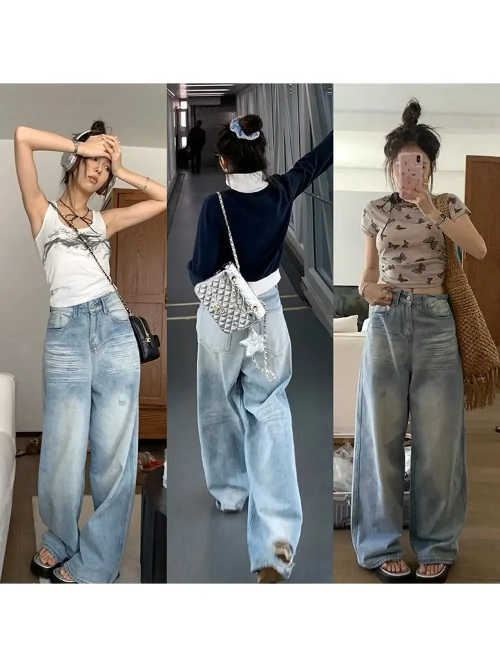 Girlary Light blue ripped jeans 2024 spring and summer niche design stretch straight high waist wide leg trousers women