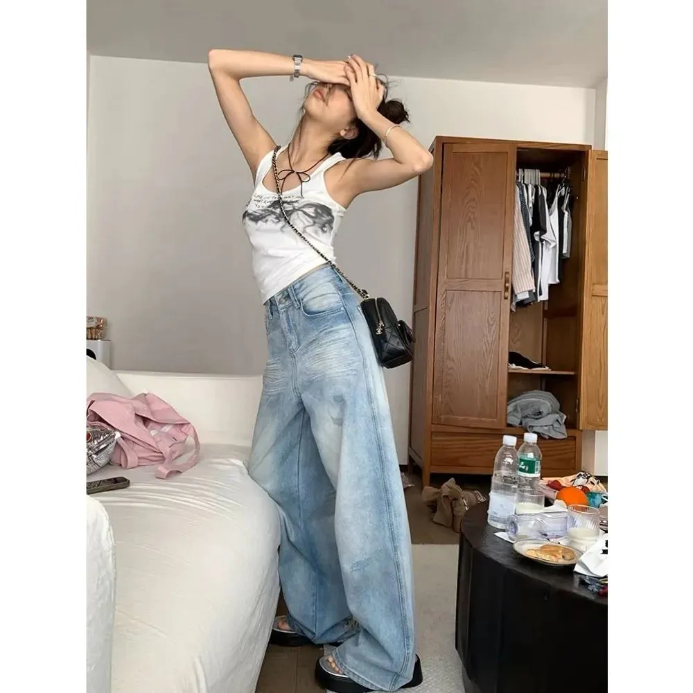 Girlary Light blue ripped jeans 2024 spring and summer niche design stretch straight high waist wide leg trousers women