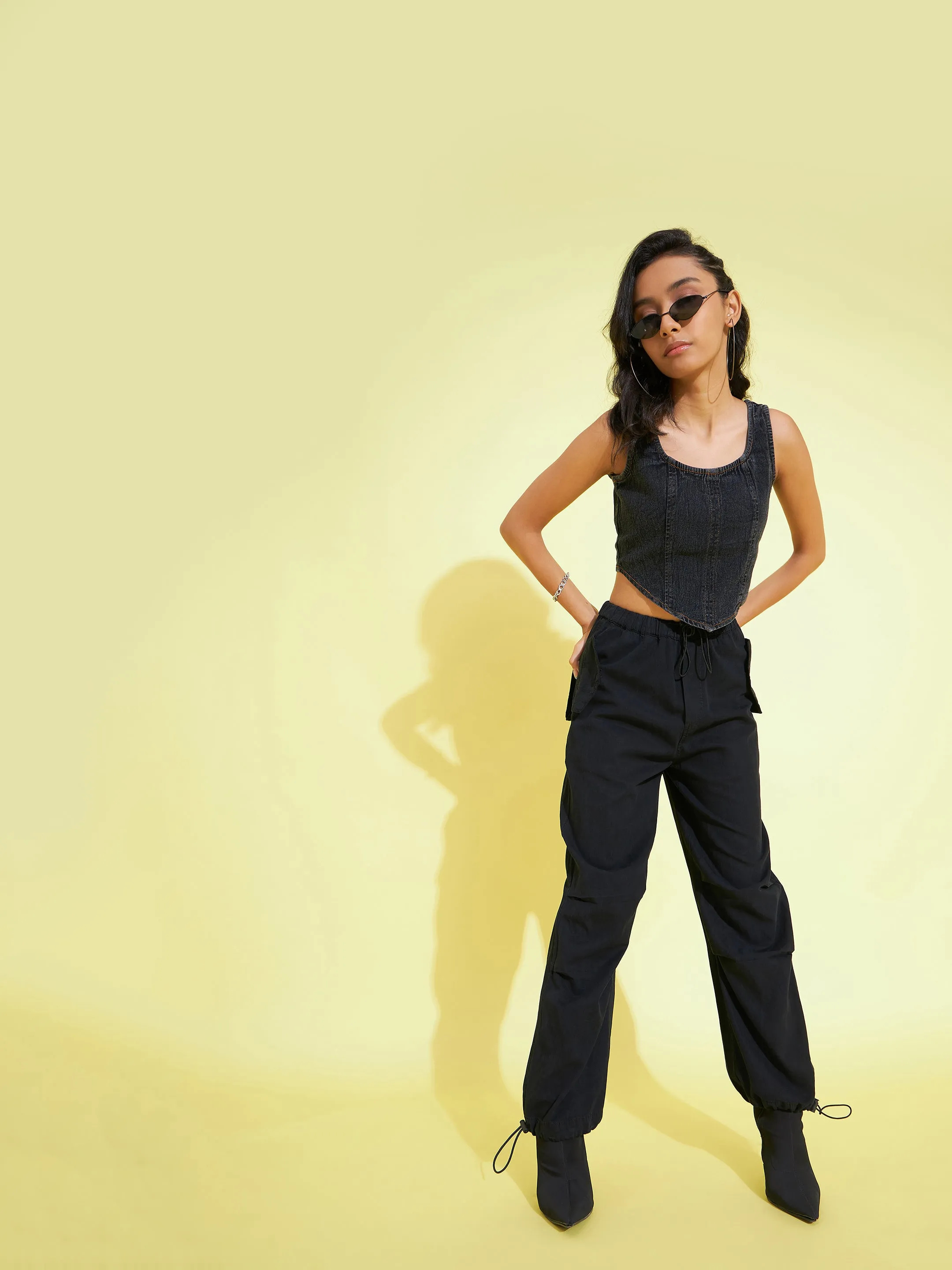 Girls Black Tencel Pull Hem Cargo Pants