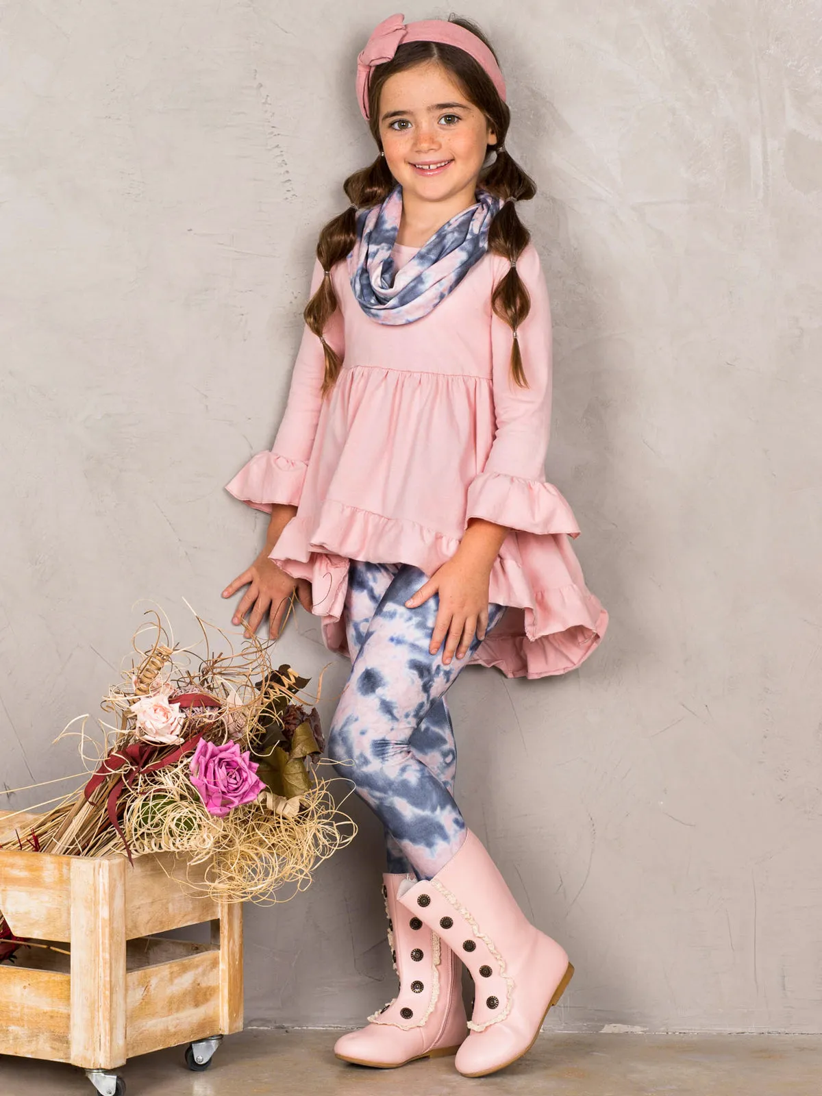 Girls Hi-Lo Ruffled Tunic, Tie Dye Leggings and Scarf Set