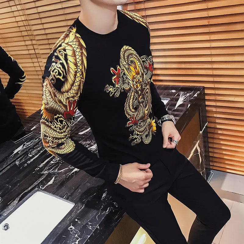 Gold Dragon Art Print Sweater Men Sweater