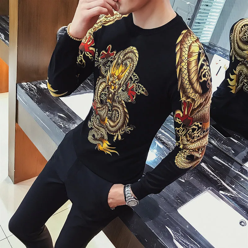 Gold Dragon Art Print Sweater Men Sweater