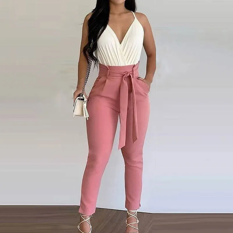 Graduation Gifts  Fasion Women Summer Two Piece Casual Wear V Neck Sleeveless White Tank Top Bodysuit With Lace-up Pink Pants Commute Suit Sets