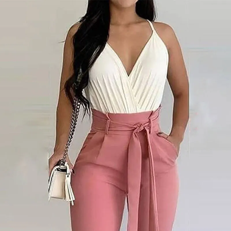 Graduation Gifts  Fasion Women Summer Two Piece Casual Wear V Neck Sleeveless White Tank Top Bodysuit With Lace-up Pink Pants Commute Suit Sets