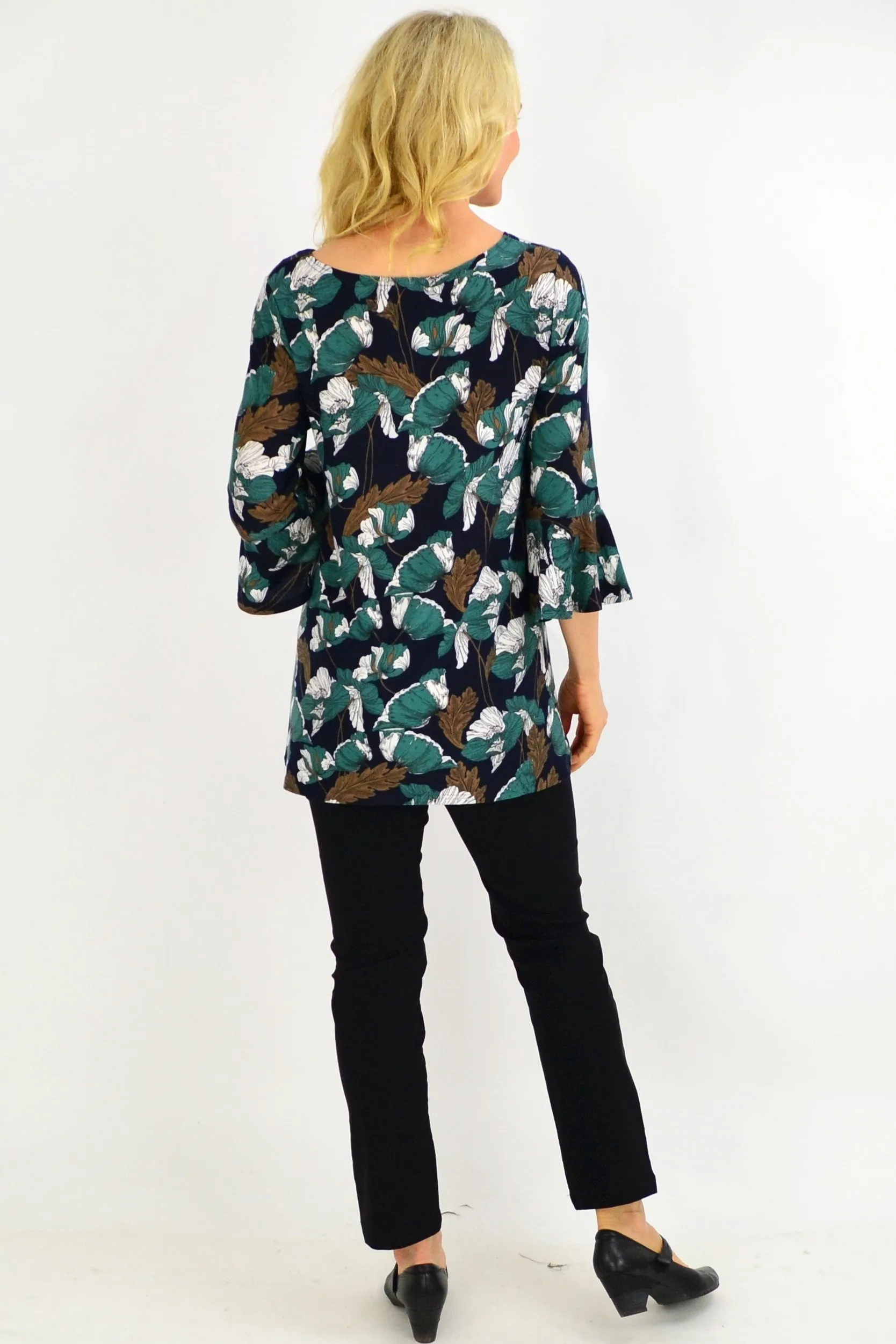 Green Floral Boat Neck Tunic Top