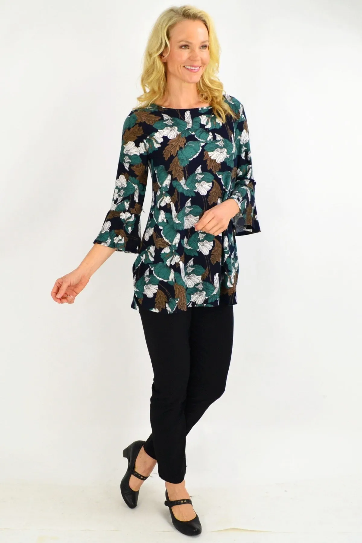 Green Floral Boat Neck Tunic Top