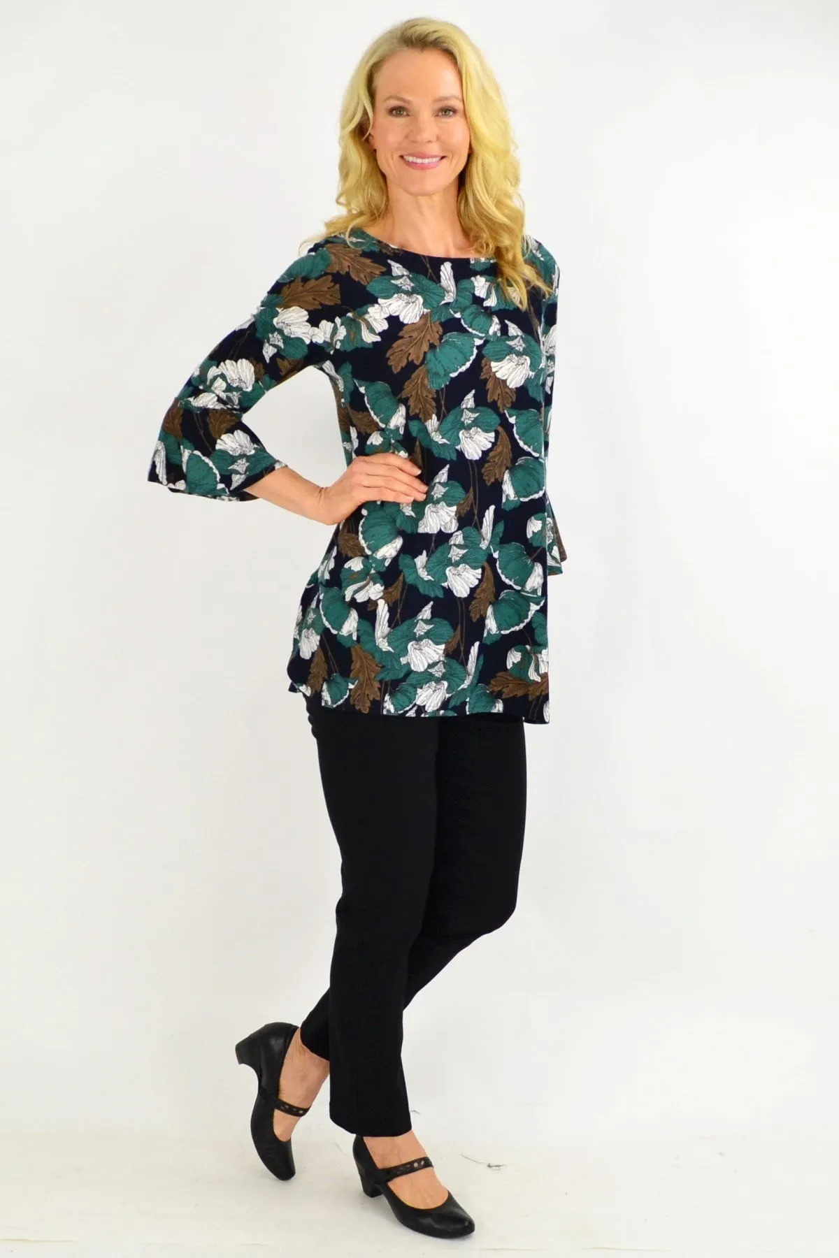 Green Floral Boat Neck Tunic Top