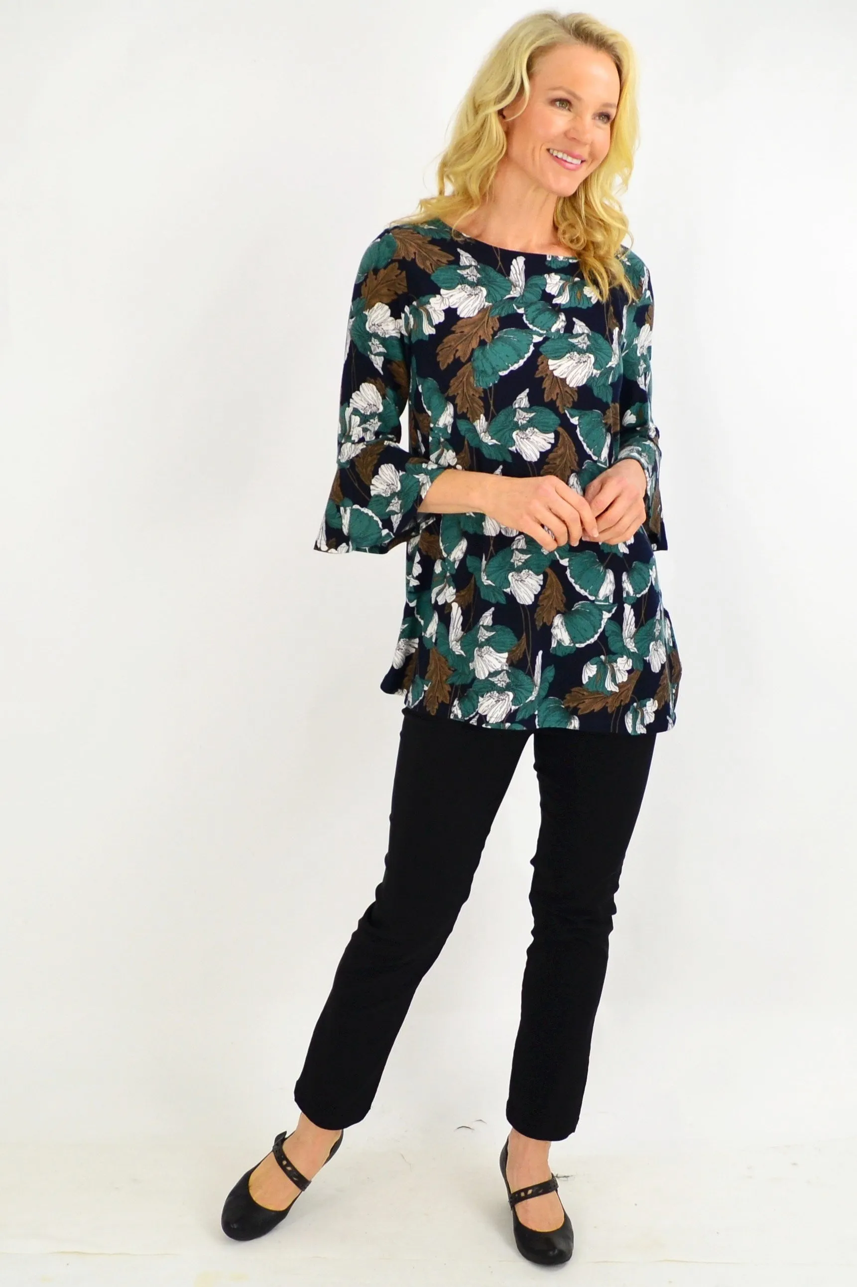 Green Floral Boat Neck Tunic Top