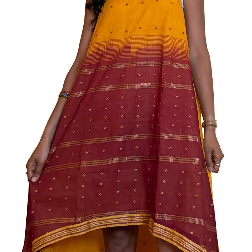 Haldi Hello- Handwoven Cotton Sari Fabric High Low Hem Dress