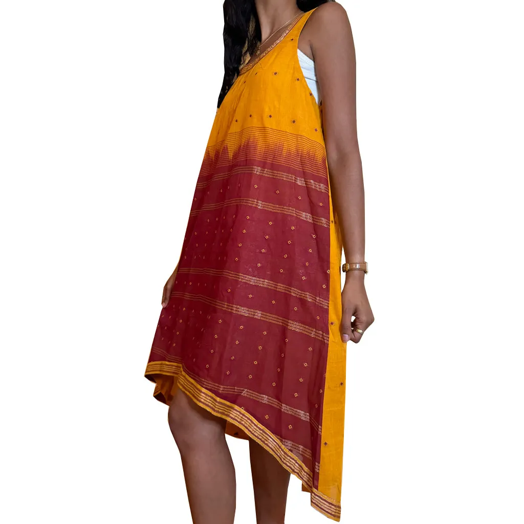 Haldi Hello- Handwoven Cotton Sari Fabric High Low Hem Dress