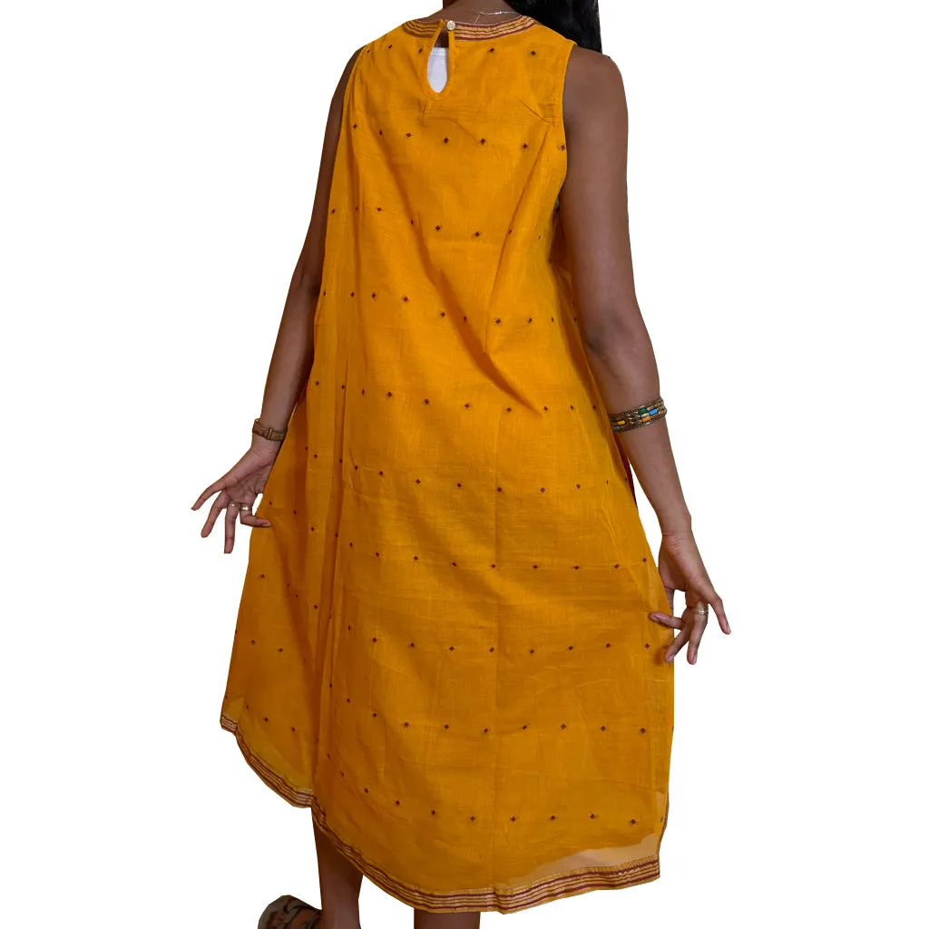 Haldi Hello- Handwoven Cotton Sari Fabric High Low Hem Dress