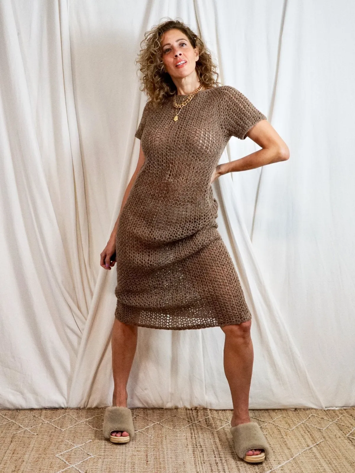 Handknit Nutmeg Fishnet Crochet Sweater Dress