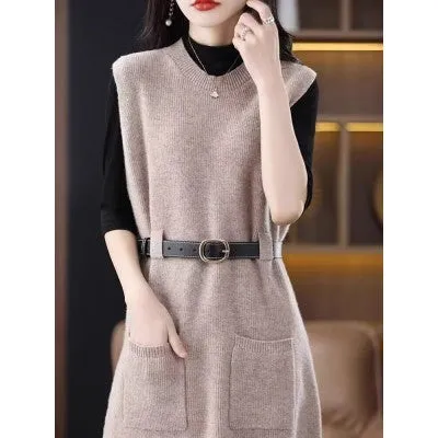 Hnzxzm datenight fall outfits Double-Pocket Long Vest Autumn and Winter round Neck Mid-Length Sleeveless Knitted Dress Fashionable Temperament Vest Dress for Women