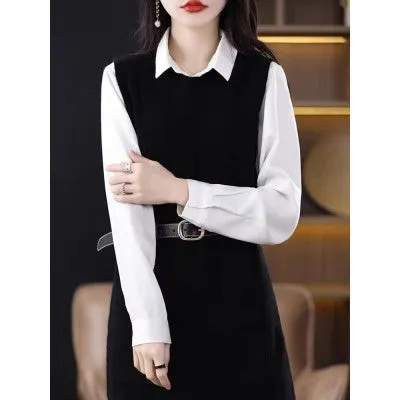 Hnzxzm datenight fall outfits Double-Pocket Long Vest Autumn and Winter round Neck Mid-Length Sleeveless Knitted Dress Fashionable Temperament Vest Dress for Women