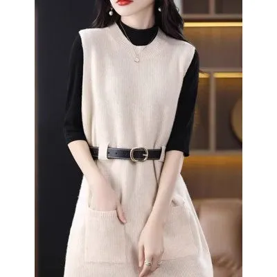 Hnzxzm datenight fall outfits Double-Pocket Long Vest Autumn and Winter round Neck Mid-Length Sleeveless Knitted Dress Fashionable Temperament Vest Dress for Women